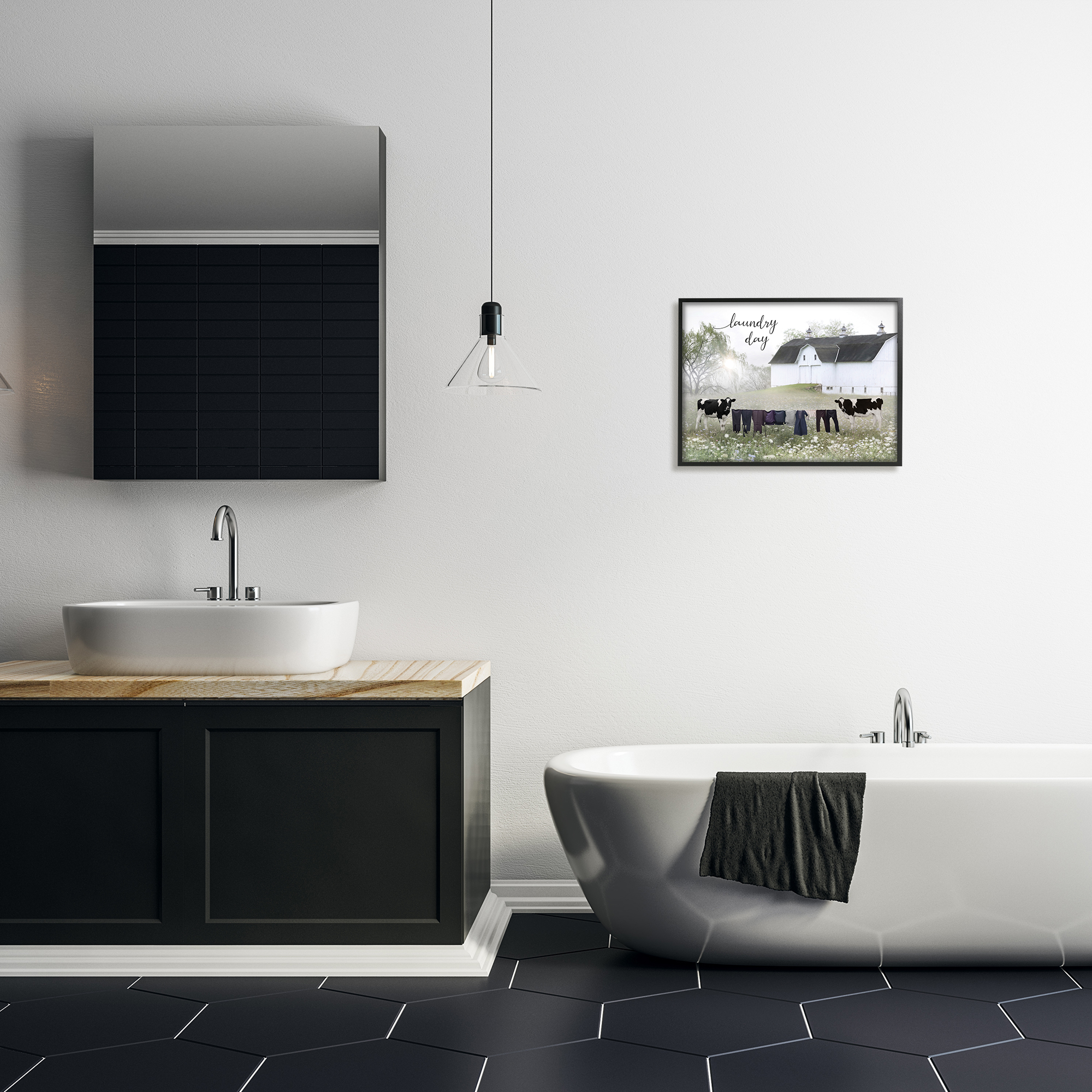 Stupell Laundry Day Rural Cows Meadow Nature Painting Black Framed Art Print Wall Art