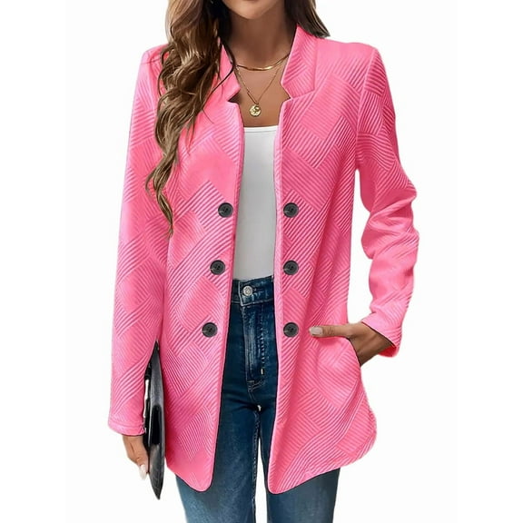 Women'S Stand Collar Blazer Jacket Casual Long Sleeve Double Breasted Elegant Business Office Blazer Rose Red M