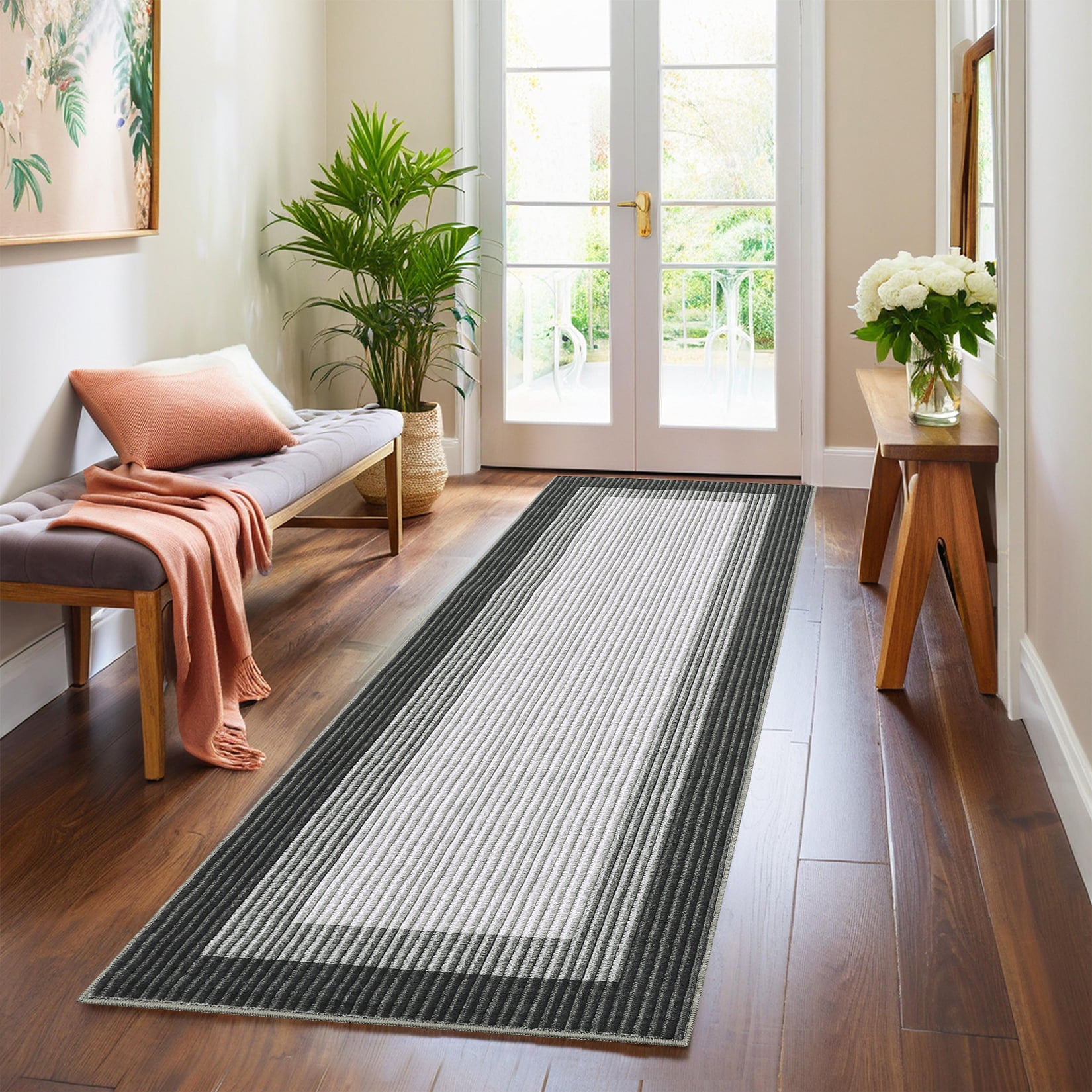 FairOnly 2'x6' Grey Machine Washable Runner Rugs Bordered Modern Runner Rugs for Hallway Entryway Laundry Room Kitchen Throw Rug