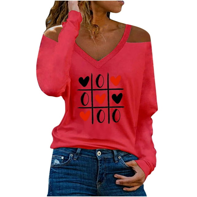 Pompotops Blouse Décontractée Imprimée Sexy à Manches Longues Col en V Épaules Dénudées T-Shirt