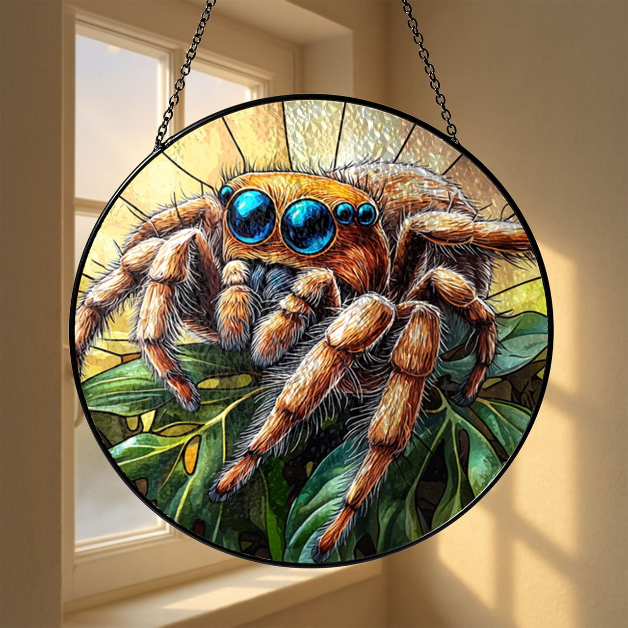 Jumping Spider Stained Glass Ornament, Real Glass Handmade Window Hanging