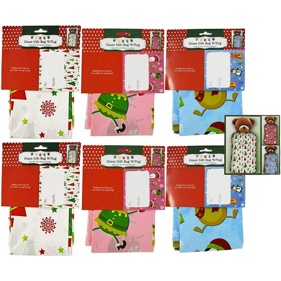 36" x 44" Giant Gift Bags With Tag - 3 Christmas Themes and Colors Including Pink, Blue, and White! (Set of 6)