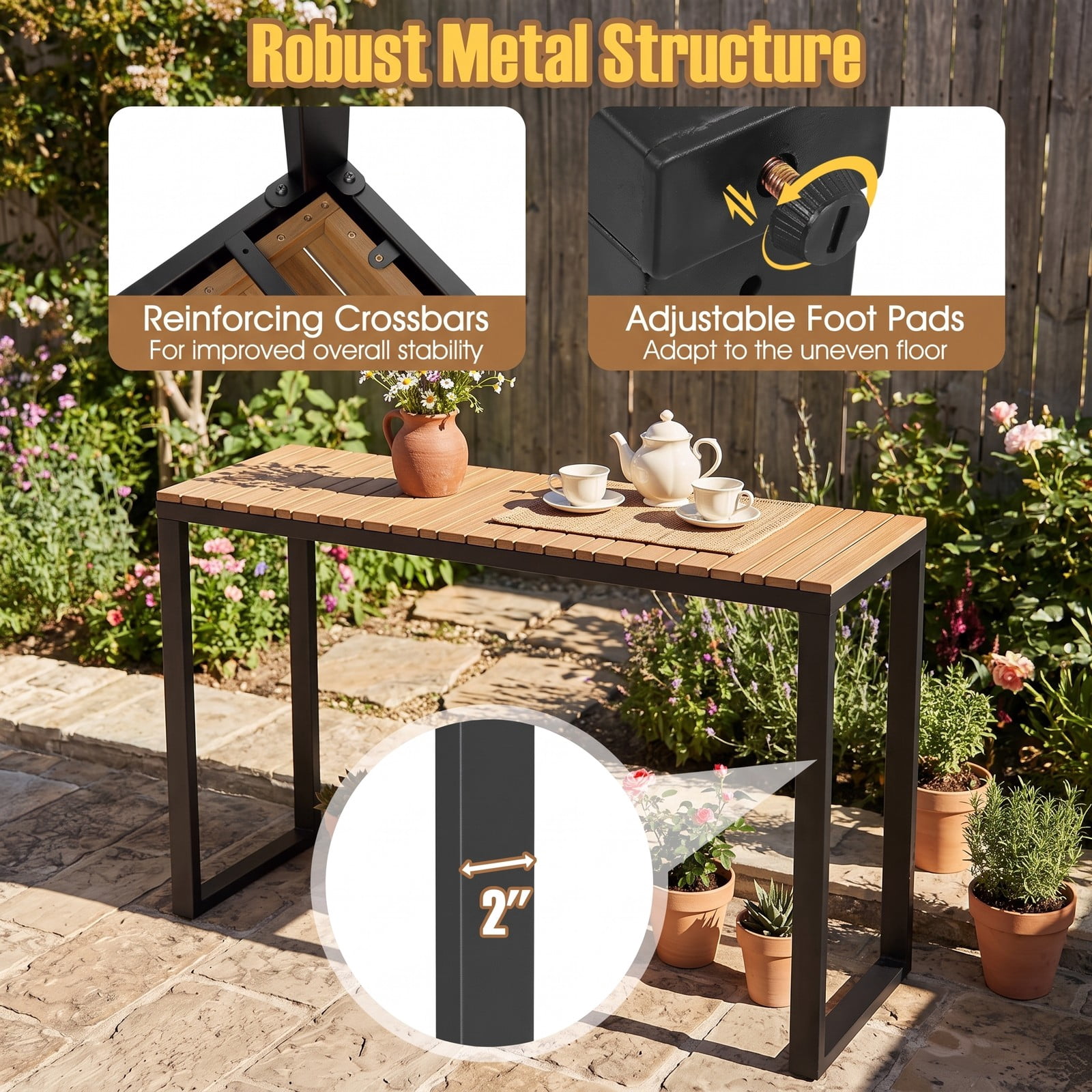 Furnibear Outdoor Rectangle Console Table with Slatted Acacia Wood Tabletop and Metal Frame for Patio and Living Room, Natural