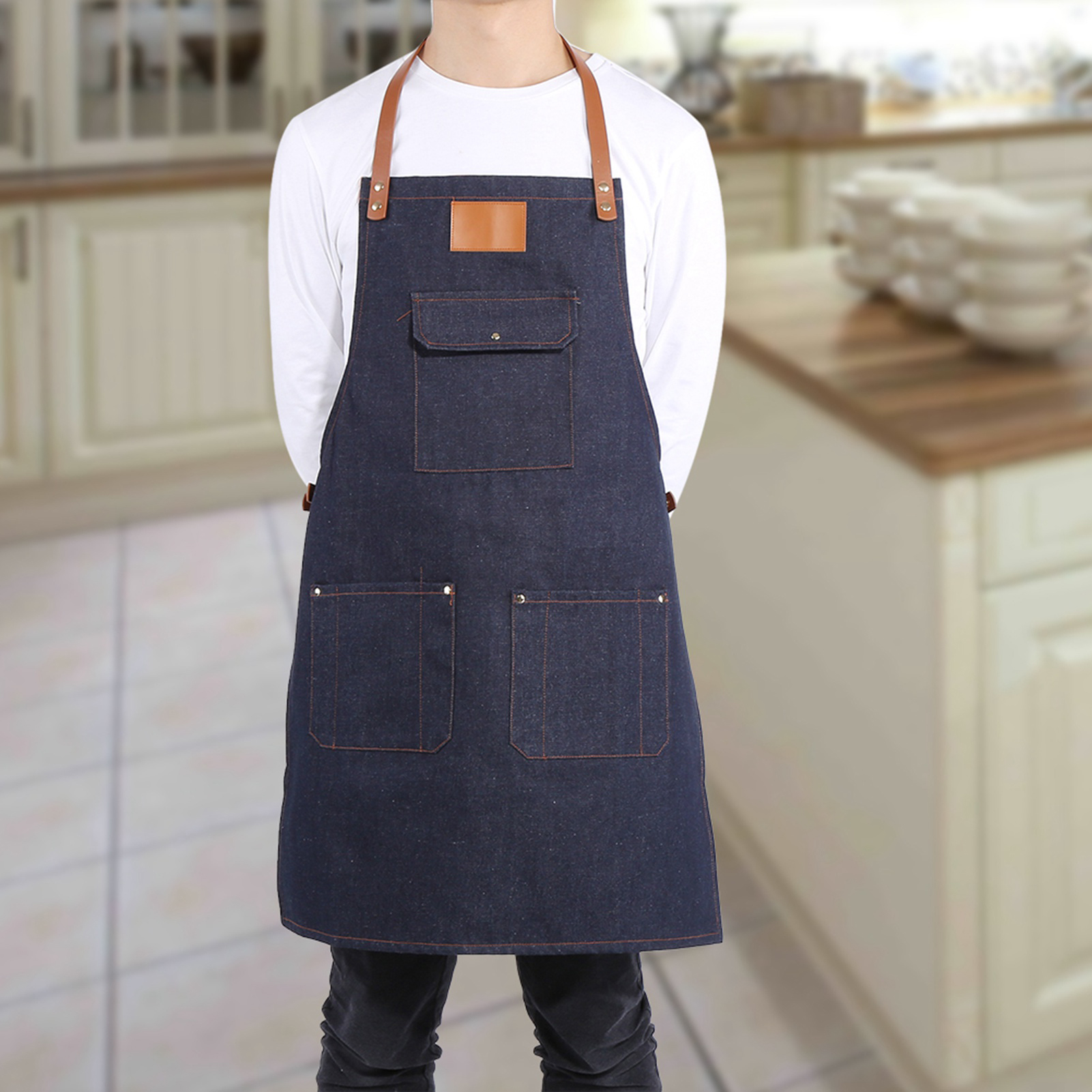 Denim Apron, Adjustable Denim Bib Apron Leather Strap Baker Bartender Work  Cook Uniform Kitchen Aprons for Chef Kitchen Grill BBQ[denim blue] 