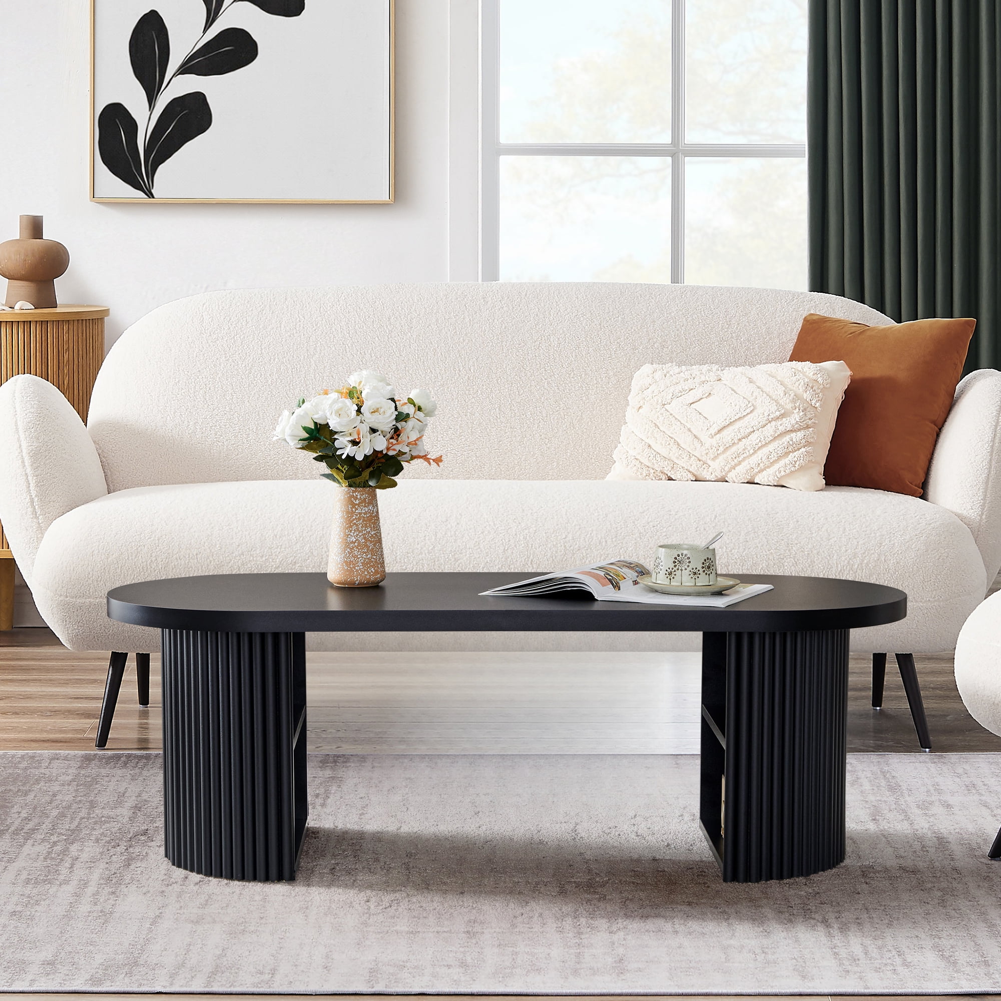 Wirrytor Mid-Century Oval Fluted Coffee Table with Hidden Storage, 47" Wood Center Table for Living Room, Black