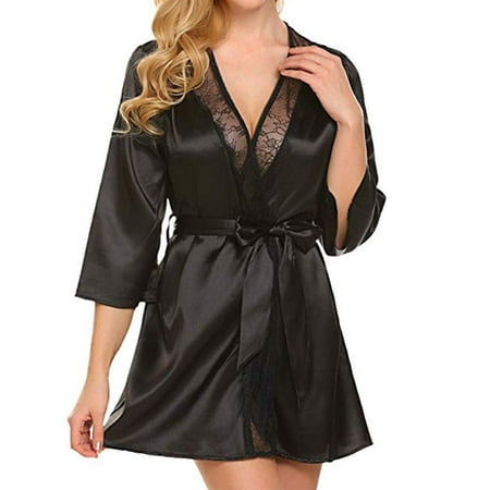 LilyLLL Womens Satin Silk Bathrobe Sleepear Lace Lingerie Negligee Nightdress Robe Pajamas