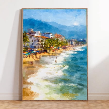 Puerto Vallarta Mexico Vibrant Seaside Beach Scenery Wall Art, Unframed Paper Print Size 8x12