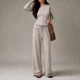 thumbnail image 5 of Women's Fall Striped Knit 2 Piece Outfit Long Sleeve Button Down Cardigan Top & Wide Leg Pants Set with Drawstring Waist Casual Loungewear for Daily Wear, Work L, 5 of 5