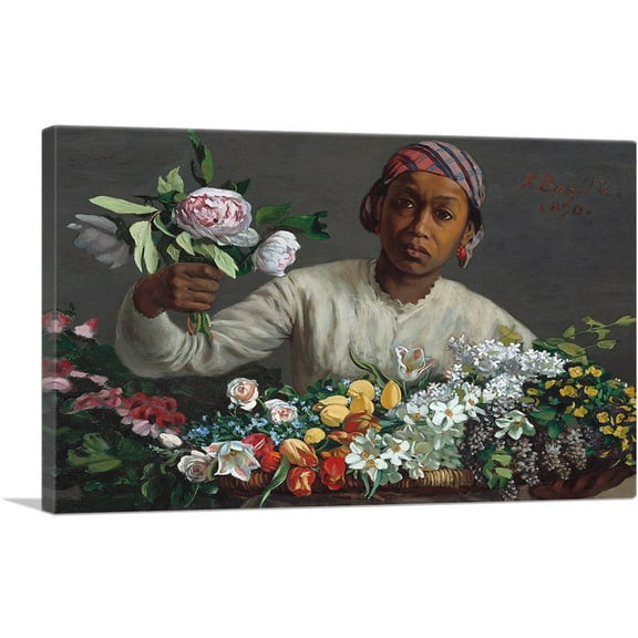 ARTCANVAS Young Woman With Peonies Canvas Art Print by Frederic Bazille - Size: 26" x 18" (0.75" Deep)
