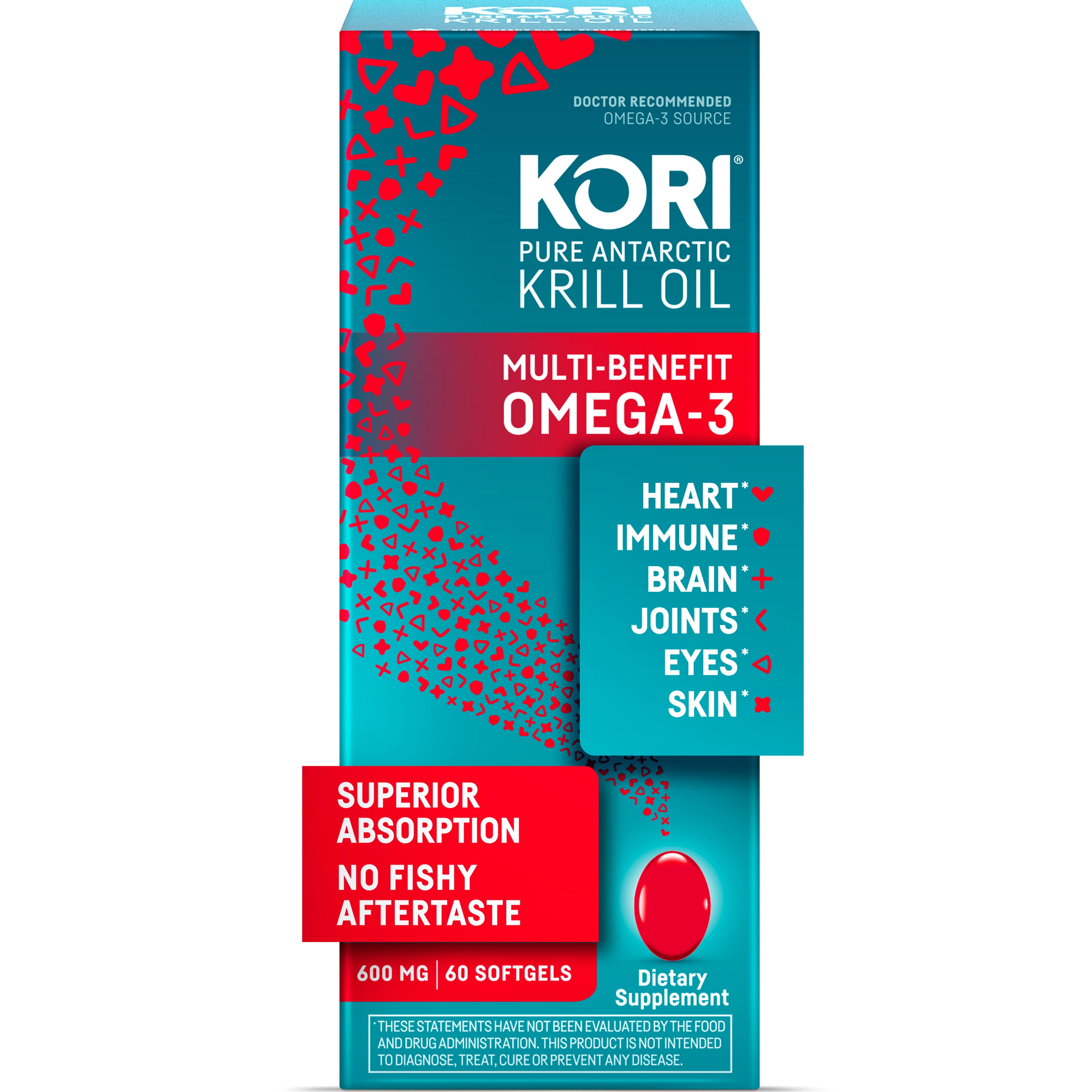 Kori Krill Oil Omega-3 600mg, 60 Softgels | Superior Omega-3 Absorption vs Fish Oil | No Fishy Burps | Omega-3 Supplement for Heart, Brain, Joint, Eye, Skin & Immune Health
