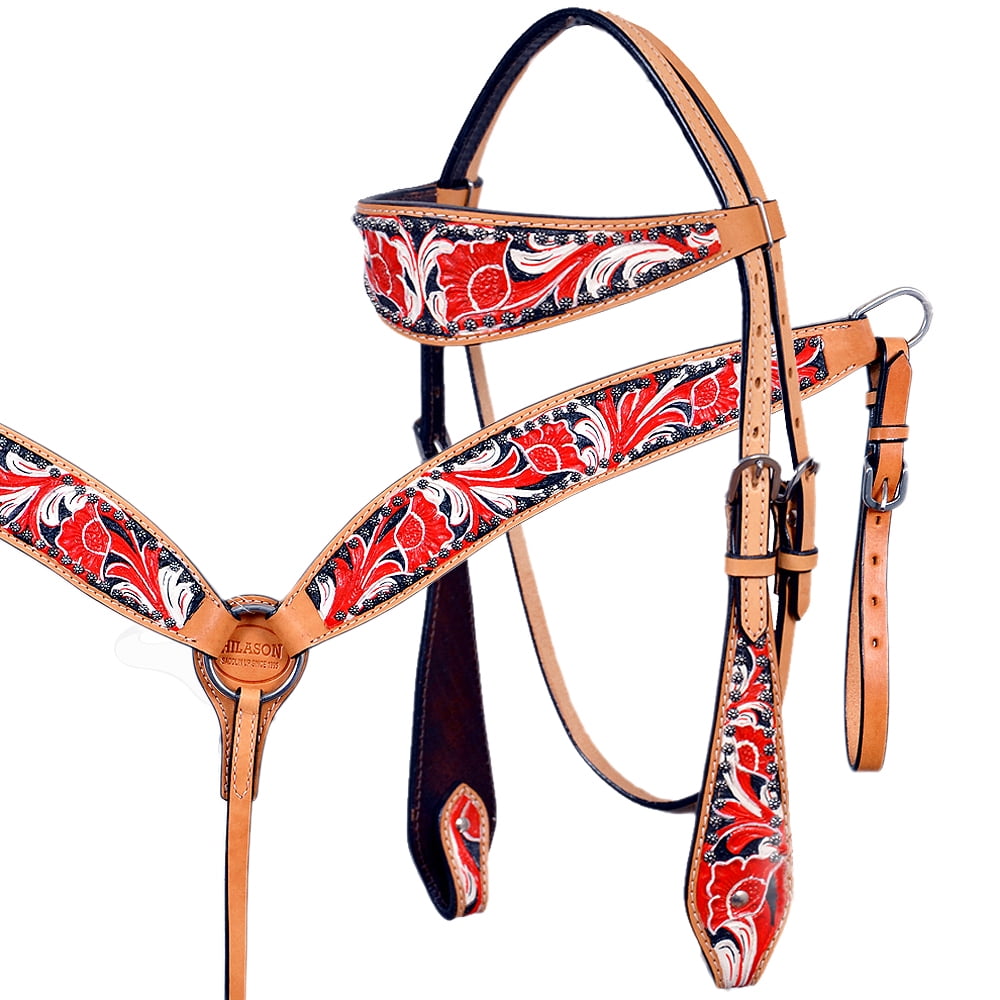 Western Horse Headstall Breast Collar Set American Leather Red Hilason