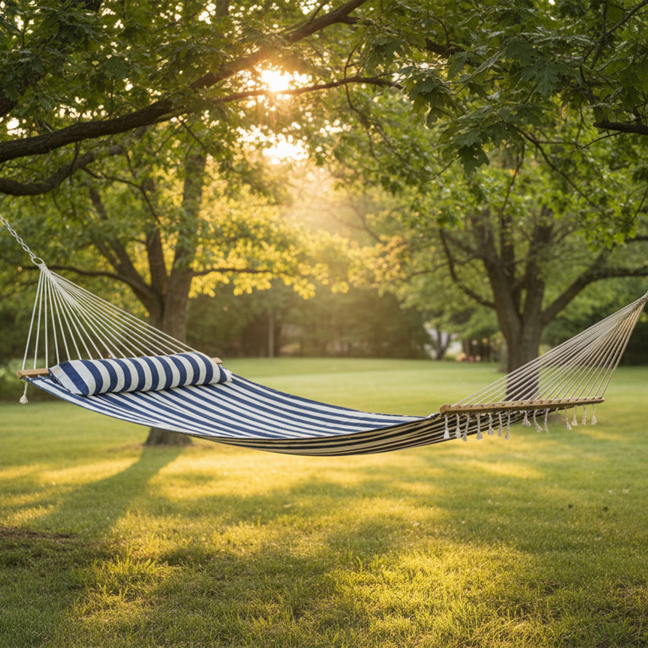 Sunnydaze 2-Person Quilted Polyester Spreader Bar Hammock, 450 lb - Blue/White Stripe