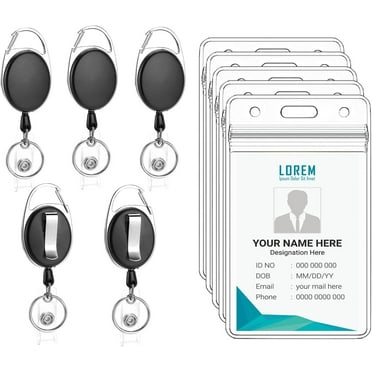 5 Pack ID Badge Holder With Clip Badge Reels Retractable Heavy Duty Clear Id Card Holder Retractable Vertical Lanyard Id Holders with Carabiner Badge Reel