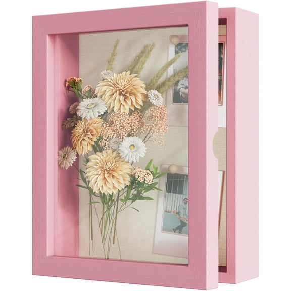 Deep Shadow Box Frame 8x10,Solid Wood Frame,Memory Box,Pink | Front-Opening Glass Magnetic Door,Linen Back,Assembly-free,Tabletop & Wall-mount,Gift,Display Photos,Awards,Medals,Tickets
