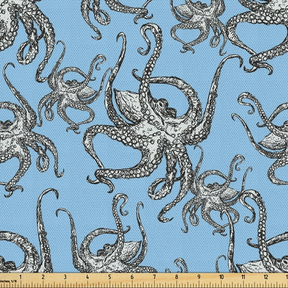 Ambesonne Octopus Fabric by the Yard Upholstery, Sea Creature Marine Theme, 3 Yards, Pale Azure Blue and Black