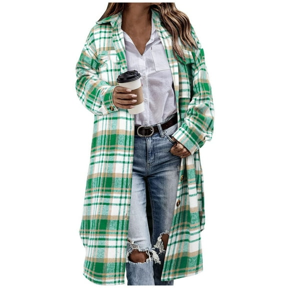 Generic Womens Flannel Plaid Shacket Jacket Casual Lapel Button Down Long Sleeve Trench Coat Warm Winter Jackets