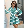 thumbnail image 5 of Women'S 2025 Fall Dresses, Floral V-Neck Cable Waist Long Sleeve Dress Short Bohemian Flowy A-Line Mini Dress Green M, 5 of 8