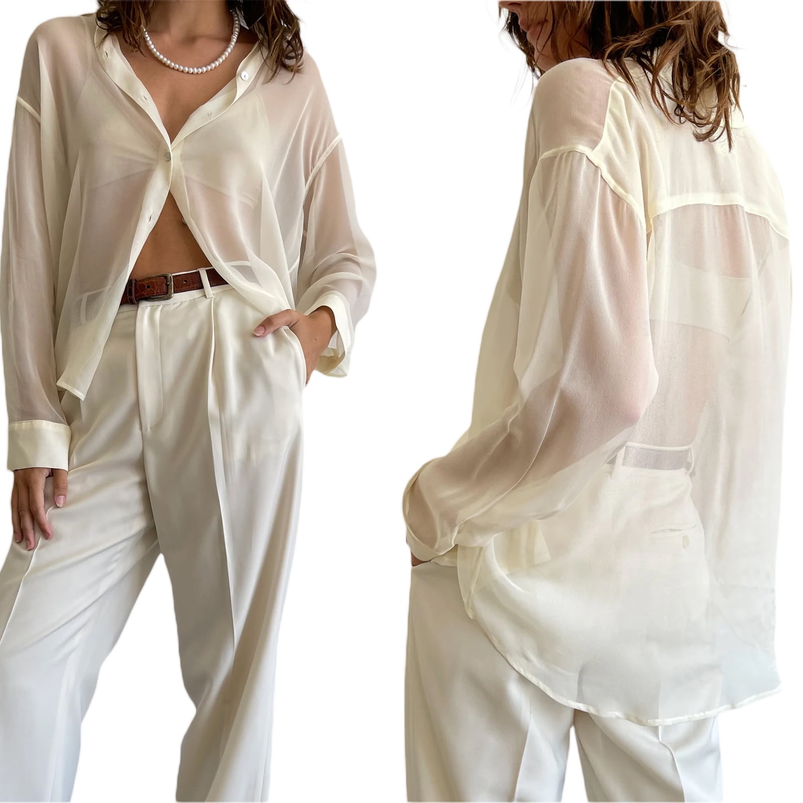 Womens Sheer Button Up Shirt Long Sleeve LapelNeck Mesh Top