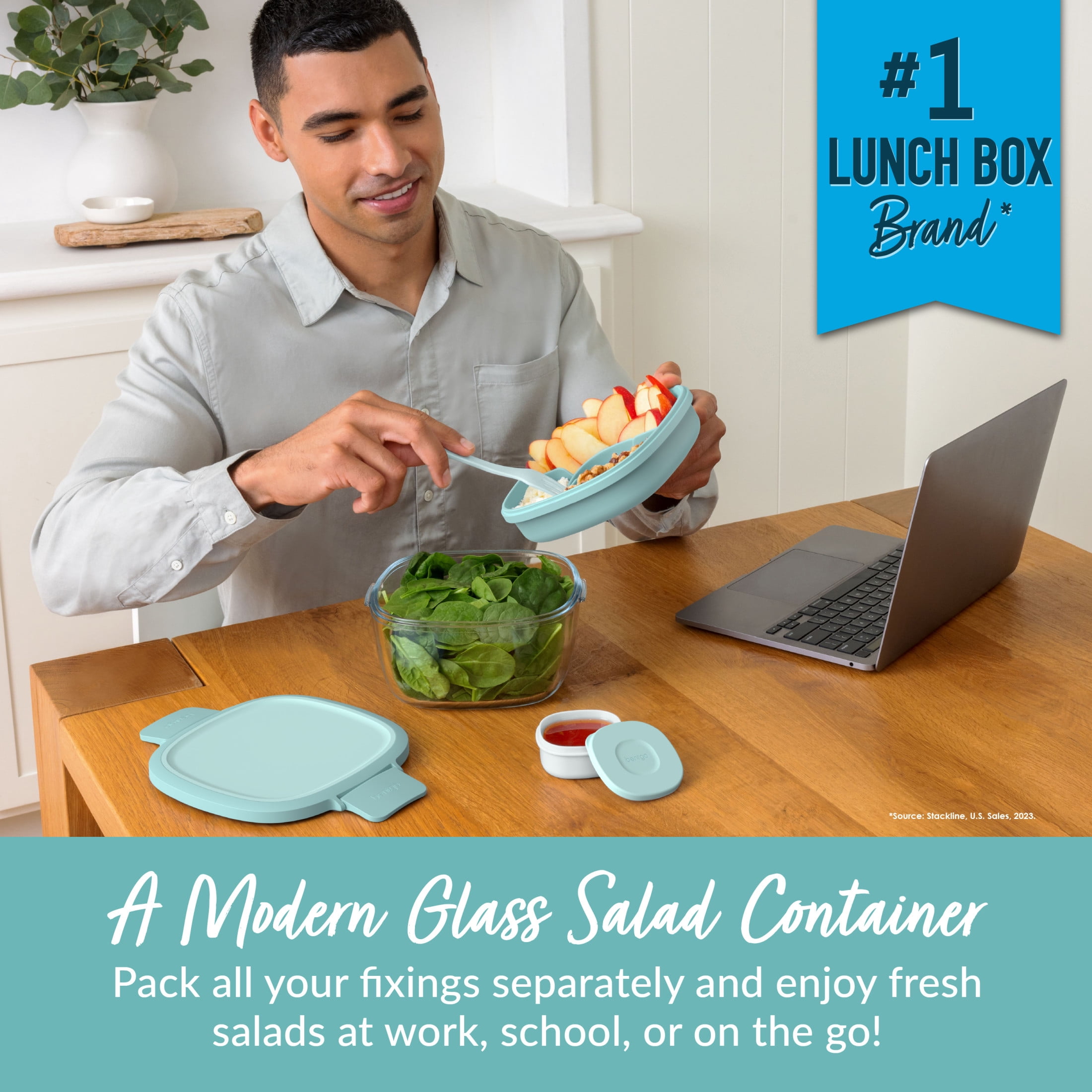 Bentgo® Glass All-in-One Salad Container - Large 61-oz Salad Bowl with Lid, 4-Compartment Bento-Style Tray, Sauce Container & Reusable Fork - Dishwasher, Microwave, and Oven Safe - Coastal Seaglass