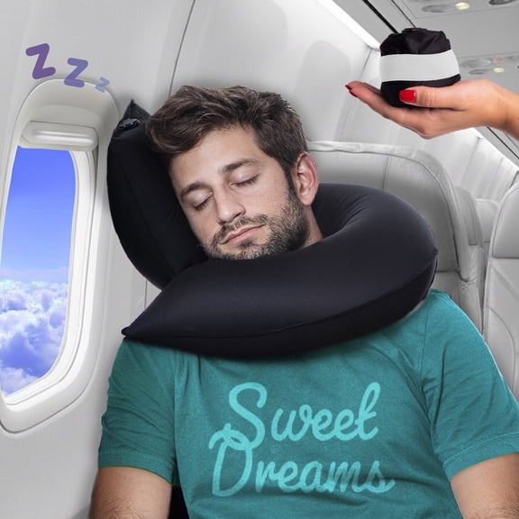 CANDY CANE Inflatable Neck Pillow for Airplane Travel with J-shaped Design and 360° Support - Window Leaning Head & Chin Rest for Long Flights - Compact Blow up for Air Travel