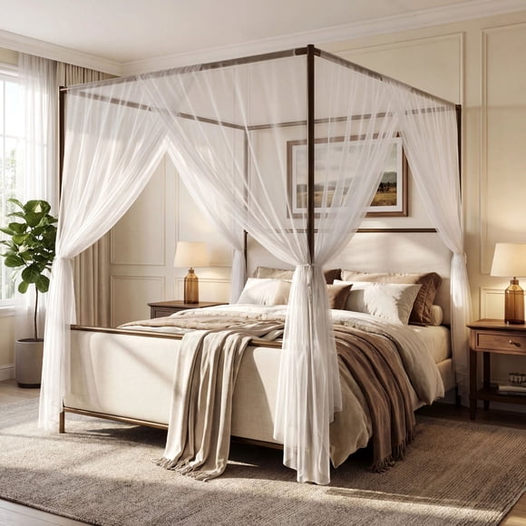 MODERNLUXE Queen Metal Canopy Bed Frame, Four-Poster Platform Bed with Tall Upholstered Headboard,Easy Assembly,Beige and Bronze