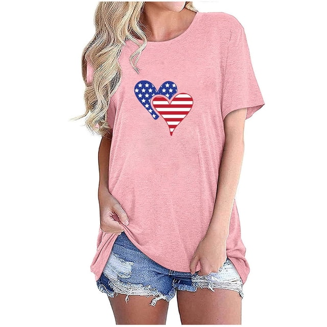Camisetas de Manga Corta para las Mujeres Día de la Independencia Impresión Básica Camiseta de Verano, Cuello Redondo Casual Camiseta Blusa