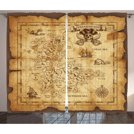 - Island Map Decor Curtains 2 Panels Set, Super Detailed Treasure Map Grungy Rustic Pirates Gold Secret Sea Theme, Window Drapes for Living Room Bedroom, 108W X 84L Inches, Beige Brown, by Ambesonne