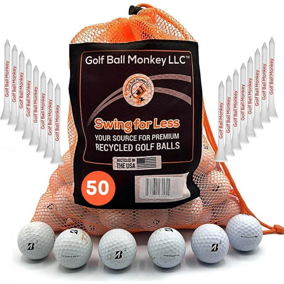 Golf Ball Monkey Cheap Recycled for Bridgestone Golf Balls White Good Condition 50 Pk for Bridgestone e6, e12, Tour BX and BRX Golf Balls & More w/ 15 Tees & Mesh Bag (50)