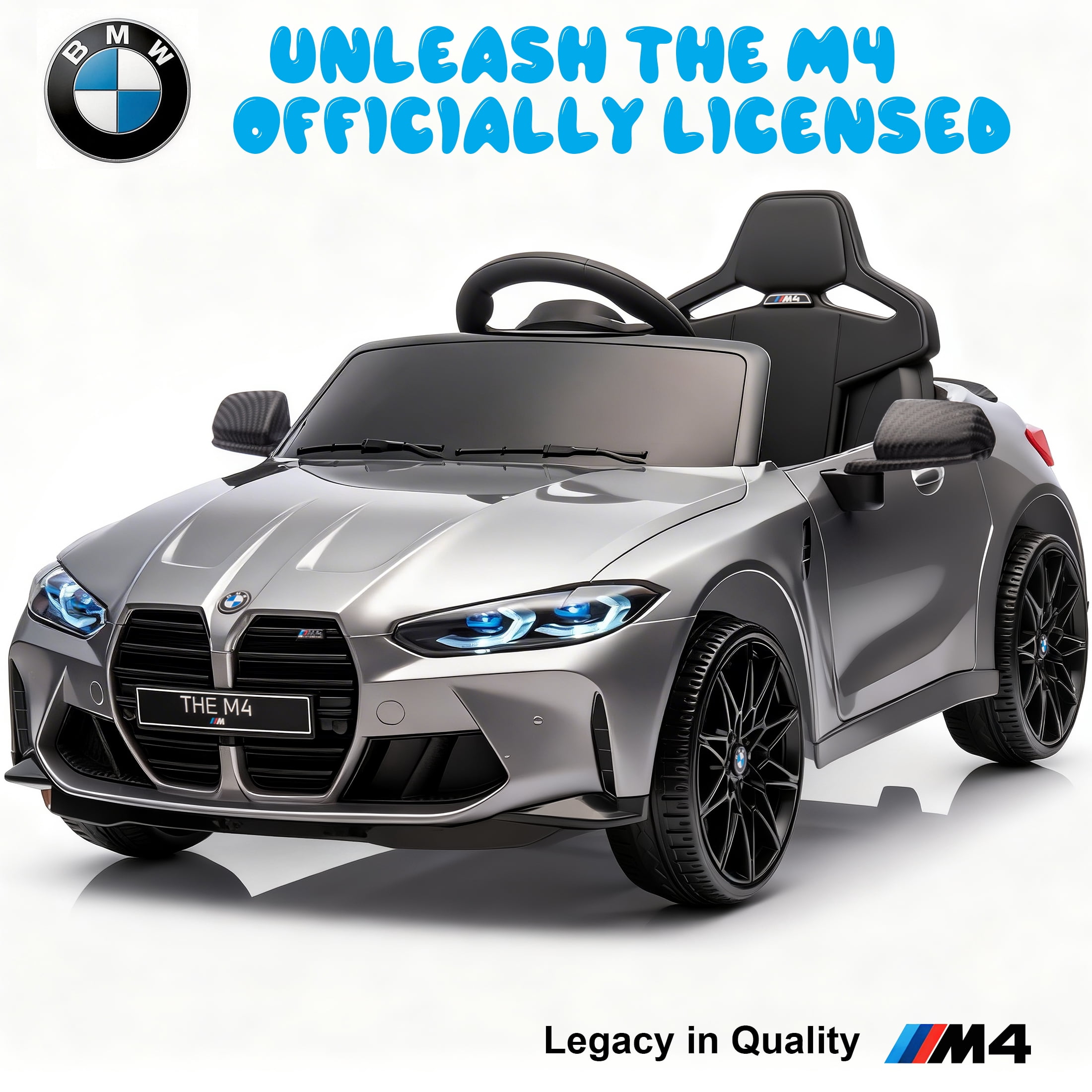 BMW M4 24V Kids Ride On Toy Car with Parents Remote, Electric Car with USB/MP3, Bluetooth, LED Light, Toddler Car with A Handle with Wheels and A Pull, Easy to Carry, Gift for Boys Girls 2-5, Silver