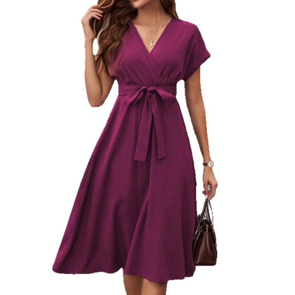 AURA Women's V Neck Midi Dress S-2XL Short Sleeve A-Line Tie Waist Crinkle Texture Casual Work Dress