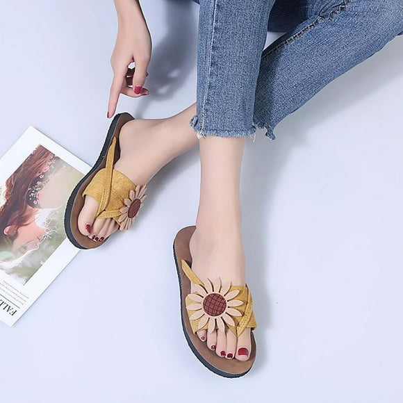SMihono Sandals Womens Summer Plus Size Summer Ladies Sandals And Slippers Flip Flops Suede Flowers Flat Beach Shoes Slipper On Clearance