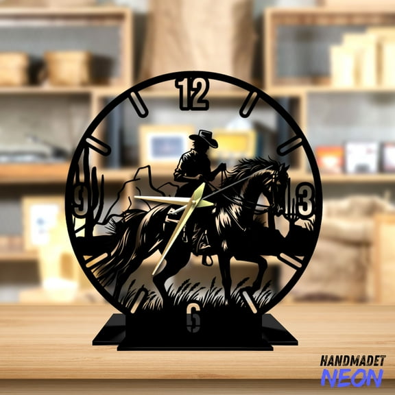 Handmadetneonsign Cowboy Horse Tabletop Metal Clock, Cowboy Desktop Clock, Western Cowboy Clock Home Decor 76668