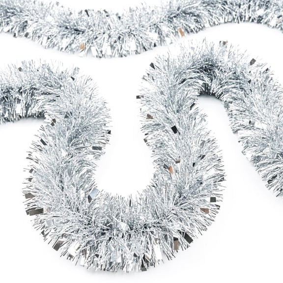33ft Silver Tinsel Garland, Metallic Shiny Fringe Streamers, Thick Christmas Tree Decoration for Wedding, Birthday, New Year Party, Indoor Outdoor Home Decor