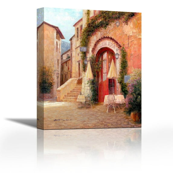 Eze Village Cafe France - Contemporary Fine Art Giclee on Canvas Gallery Wrap - wall décor - Art painting - 28 x 36 Inch - Ready to Hang