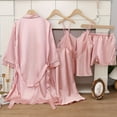 thumbnail image 3 of Womens Silk Pajamas Sets 4PCS Sleepwear Loungewear Satin Robe Cami Shorts Pj Set Fashion Nightgown Nightwear Pink, M, 3 of 7