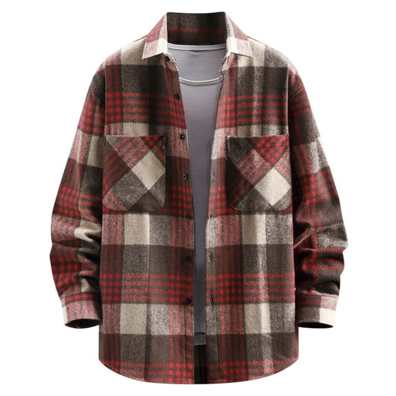 WREESH Men's Plaid Button Down Shirts New Casual Fashion Long Sleeve Shirts with Men's Loose Youth Pointed Neck Pocket Red