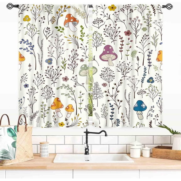 Mushroom Window Curtains, Botanical Wild Floral Mushroom Cottagecore Nature Plants Herbs Rustic White Window Treatments Drapery for Kitchen Bedroom Living Room 2 Panels, 55x39 Inch