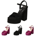 thumbnail image 2 of Platform Heels for Women Suede High Block Heeled Sandals Open Toe Cute Bow Ankle Strap Wedges Pumps Shoes Hot Pink Size 6, 2 of 9