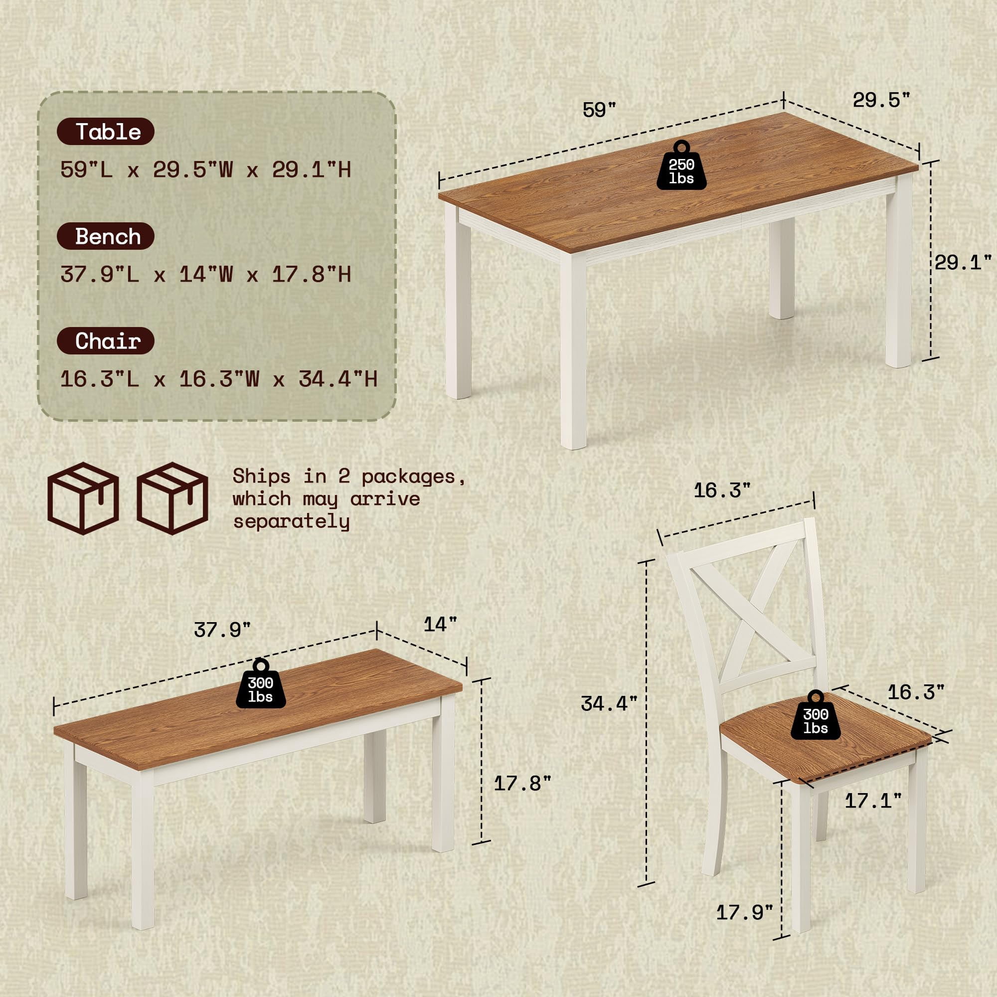 Merluxy 6-Piece Farmhouse Dining Table Set, 59" Wooden Table with 4 Chairs & Bench, Kitchen & Dining Room Set for 6, Walnut & White
