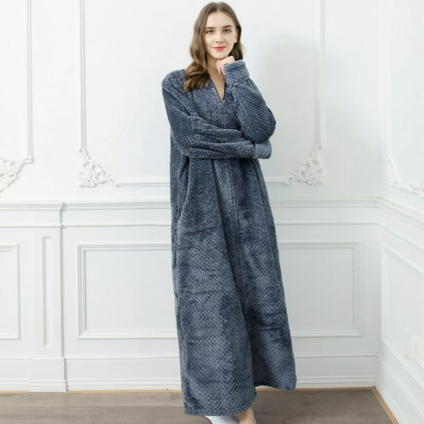 Women's Zip Front Bathrobe Soft Warm Long Fleece Plush Robe Plus Size Full Length Housecoat Gown -