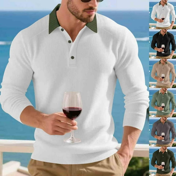 Miluxas Mens Knit Polo Shirts Long Sleeve Fashion Textured Sweaters Casual thermal Stretchy Collared Dress Golf Shirt White