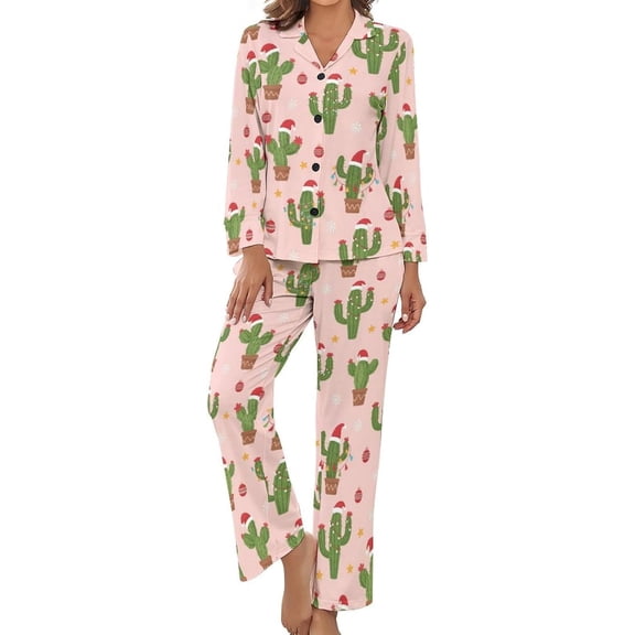 Top-kevin Women Long Sleeve Pajama Set Comfy Pjs Sets Christmas Cactus Cute 2 Piece Lounge Set