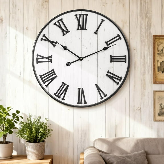 MODE HOME 24 Inch White Roman Numeral Metal Wall Clock, Silent Non-Ticking Large Wall Clock for Living Room Decor, Modern Farmhouse Wooden Clock Battery Operated