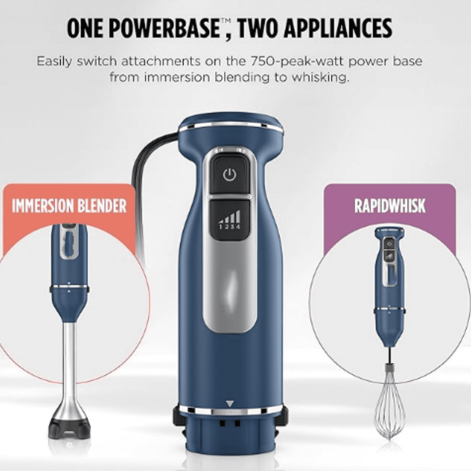 Immersion Blender and Whisk, Hand Stick Blender, 4 Speeds, with SplatterShield and PanProtect, 4-Cup Blending Vessel, Dishwasher , 5-ft Cord, Ergonomic, Deep Navy