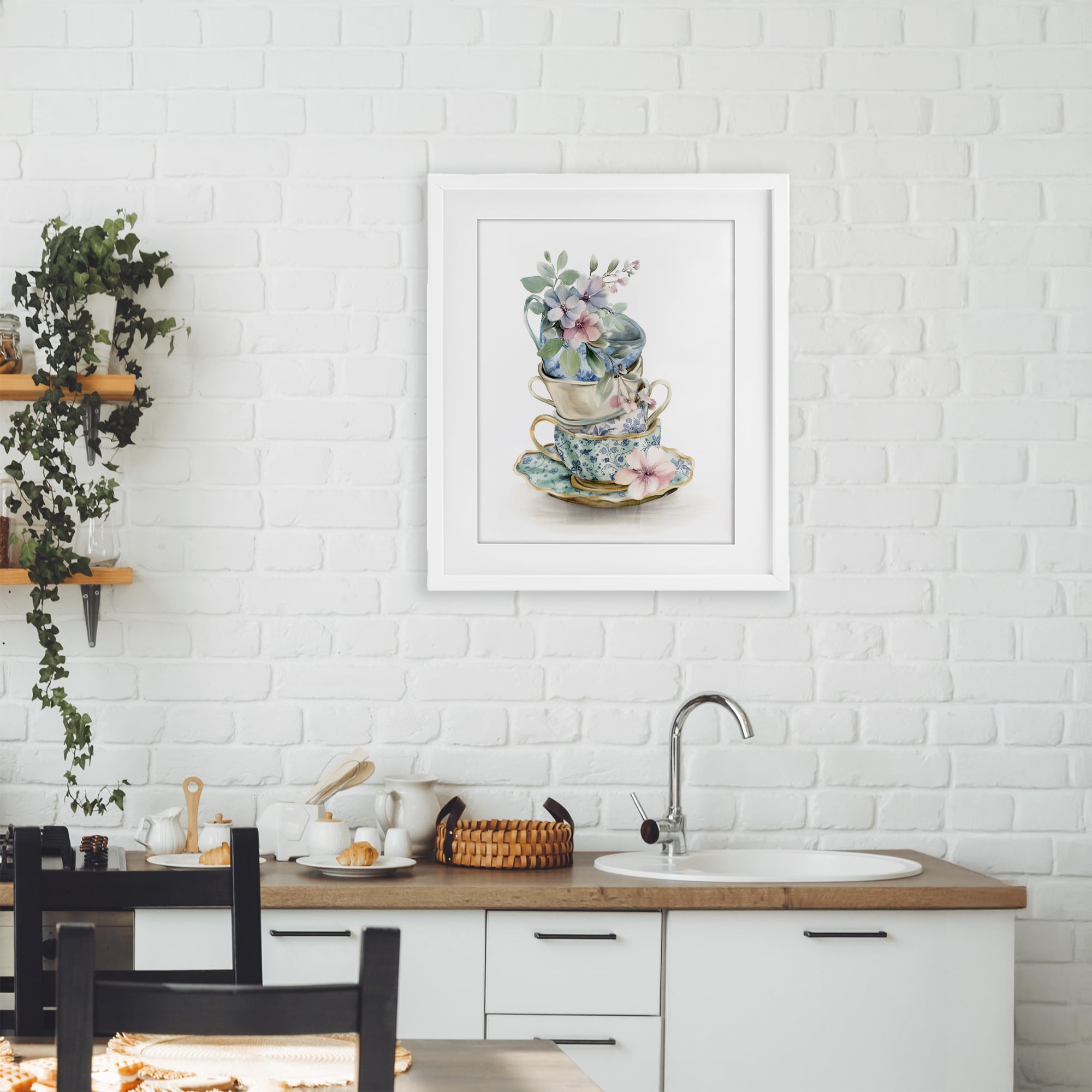 Stupell Industries Floral Teacup Chinoiserie White Framed Print Under Glass, design by Kim Allen