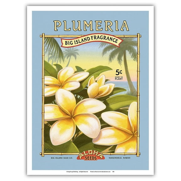 Plumeria - Aloha Seeds - Big Island Seed Company - Big Island Fragrance - Vintage Seed Packet by Kerne Erickson - Master Art Print (Unframed) 9in x 12in