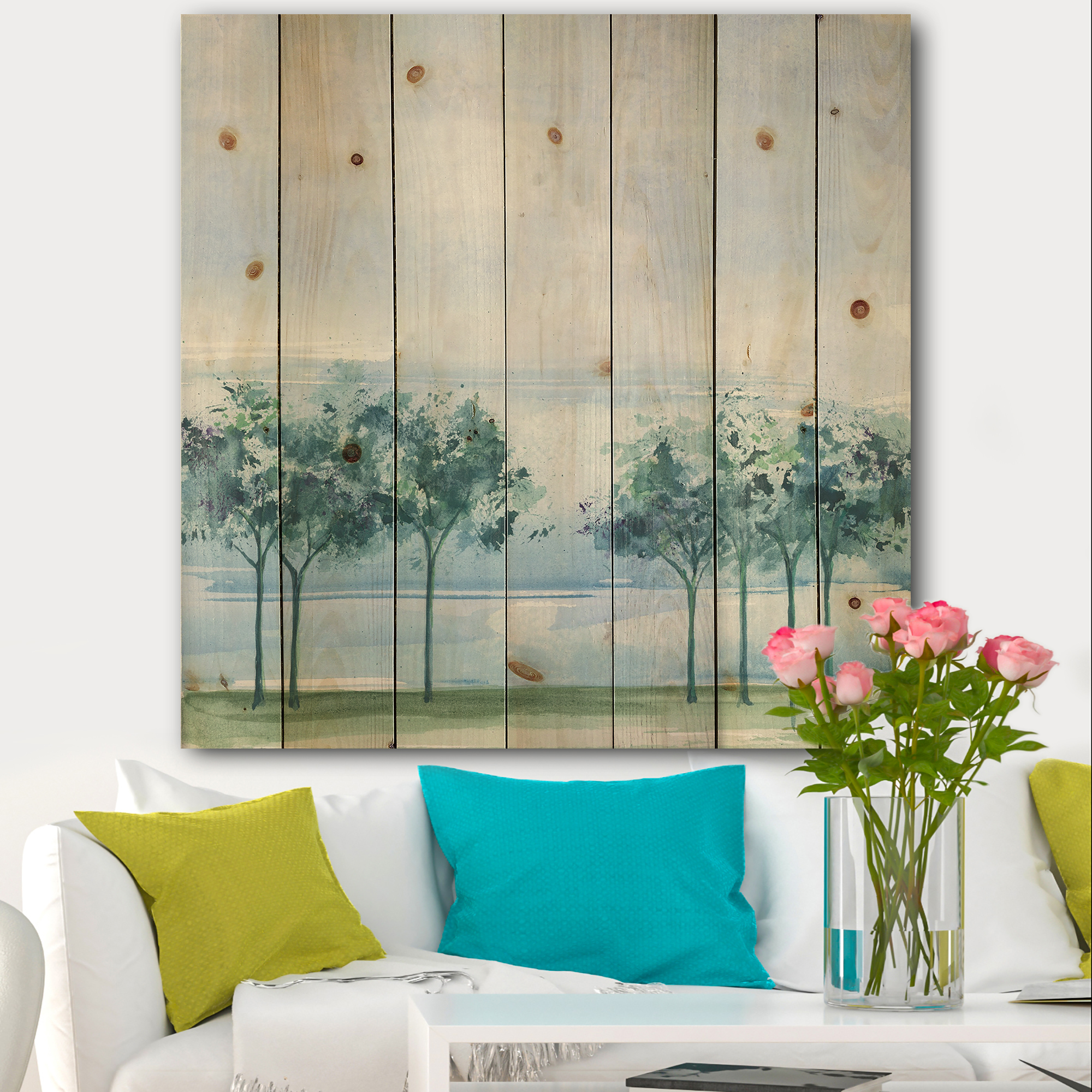 Designart 'Tree Across the Lake Under Blue Sky' Traditional Print on Natural Pine Wood
