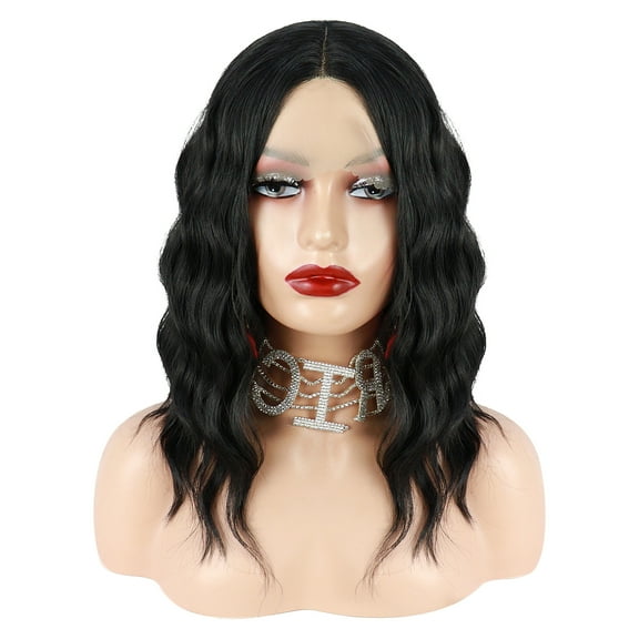Unique Bargains Lace Front Wigs Medium Long Loose Wavy for Women with Wig Cap Black