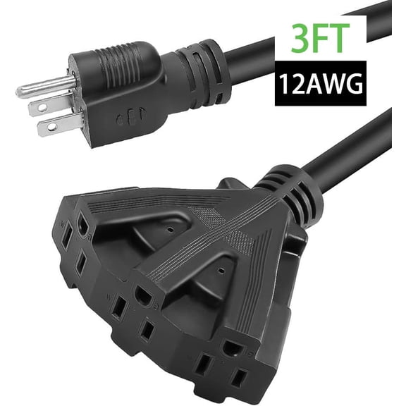 Hoease 3FT Outdoor Extension Cord, 12 Gauge 3-Outlet 15-Amp Heavy Duty Power Cord for Garden, Lawn, and Construction