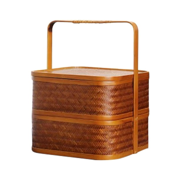 Caja de almuerzo de bambú de estilo chino Caja de almacenamiento Cuadrada Diseño de doble capa Natural Pequeña